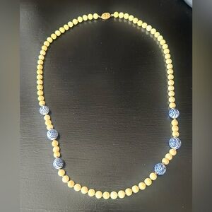 Vintage Blue Chinoiserie and Cream Beaded Necklace